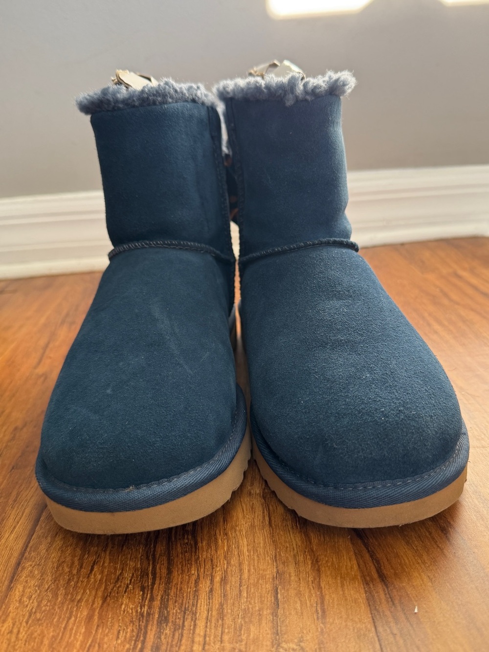UGG Short Shearling Boot in Navy with Tan Sole